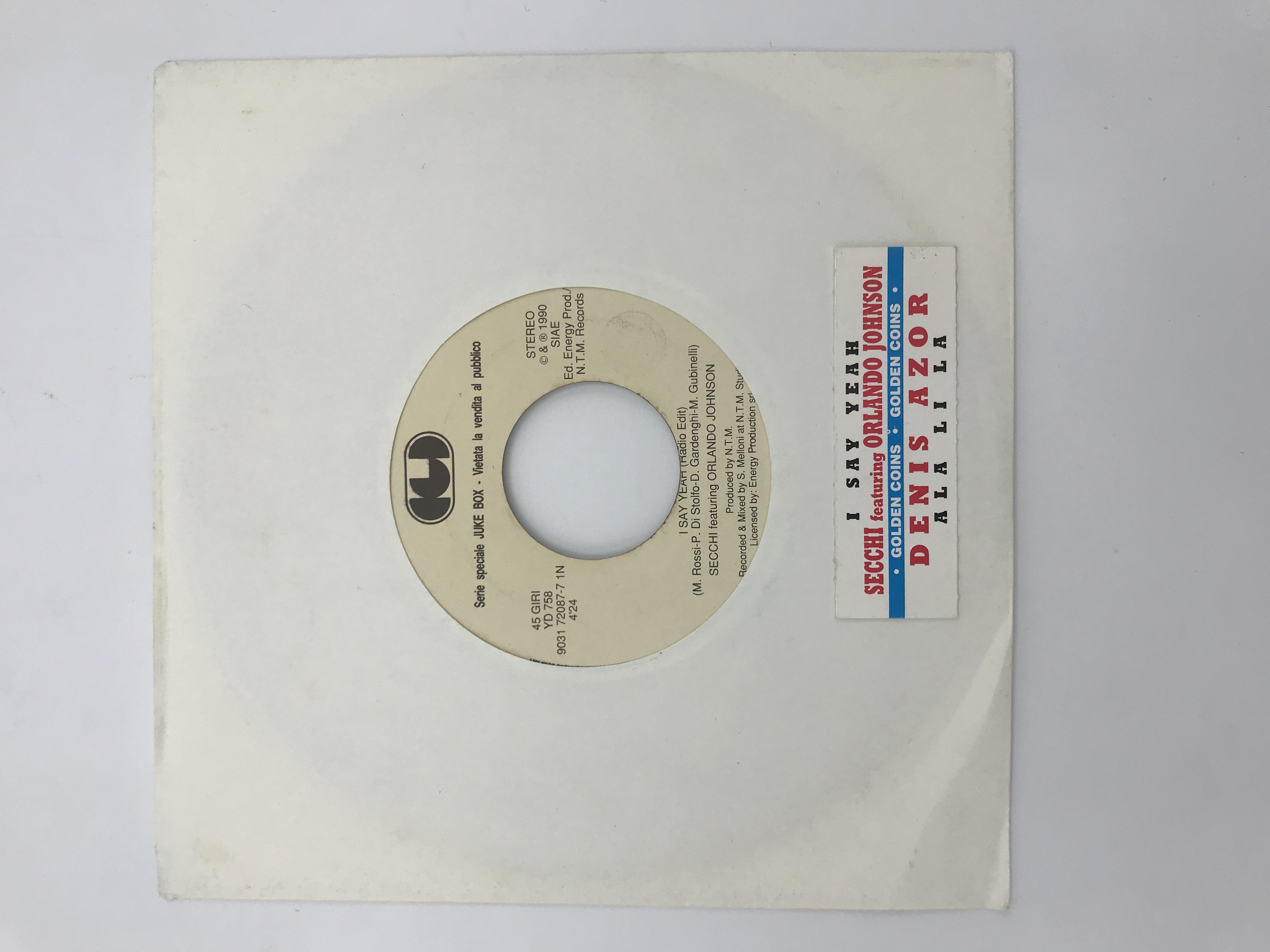 Juke Box 45 rpm disc with Secchi ft Orlando Johnson and Denis Azor label